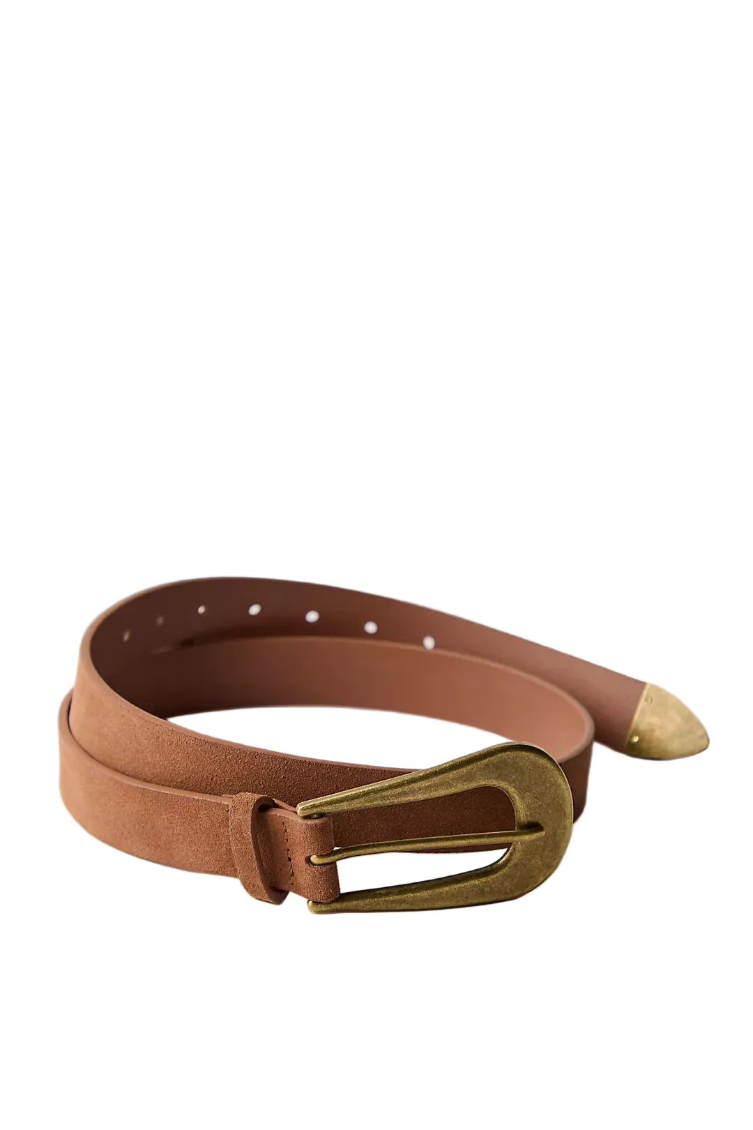 Trestles Clothing Company Cannon suede belt in brown with a vintage brass buckle and matching metal tip
